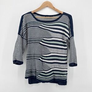 NIC+ZOE Petite Small Linen Blend Striped Open Knit Sweater Navy Blue PS